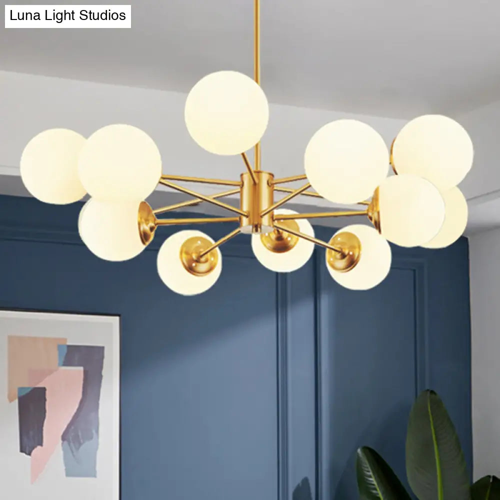 Gold Metal Hanging Chandelier With Opal Glass Shade For Bedroom