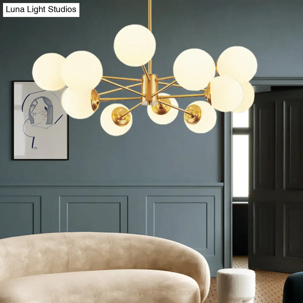 Gold Metal Hanging Chandelier With Opal Glass Shade For Bedroom