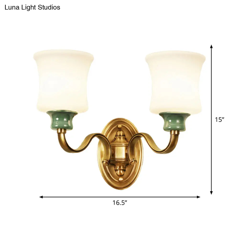 Gold Scalloped/Tapered/Curved Wall Mounted Bedside Light With Fabric/White Glass Shade