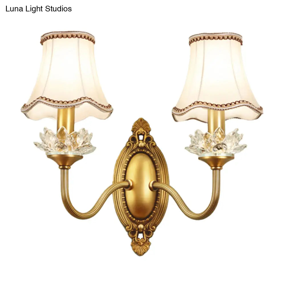 Gold Scalloped/Tapered/Curved Wall Mounted Bedside Light With Fabric/White Glass Shade