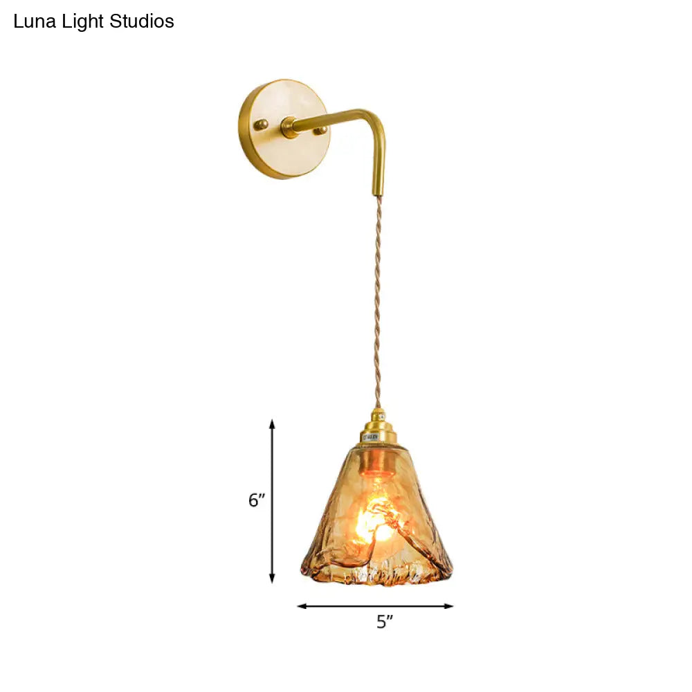 Gold Tan Glass 1-Light Wall Sconce Fixture Colonial Cone/Trapezoid/Flat Design For Living Room Cord