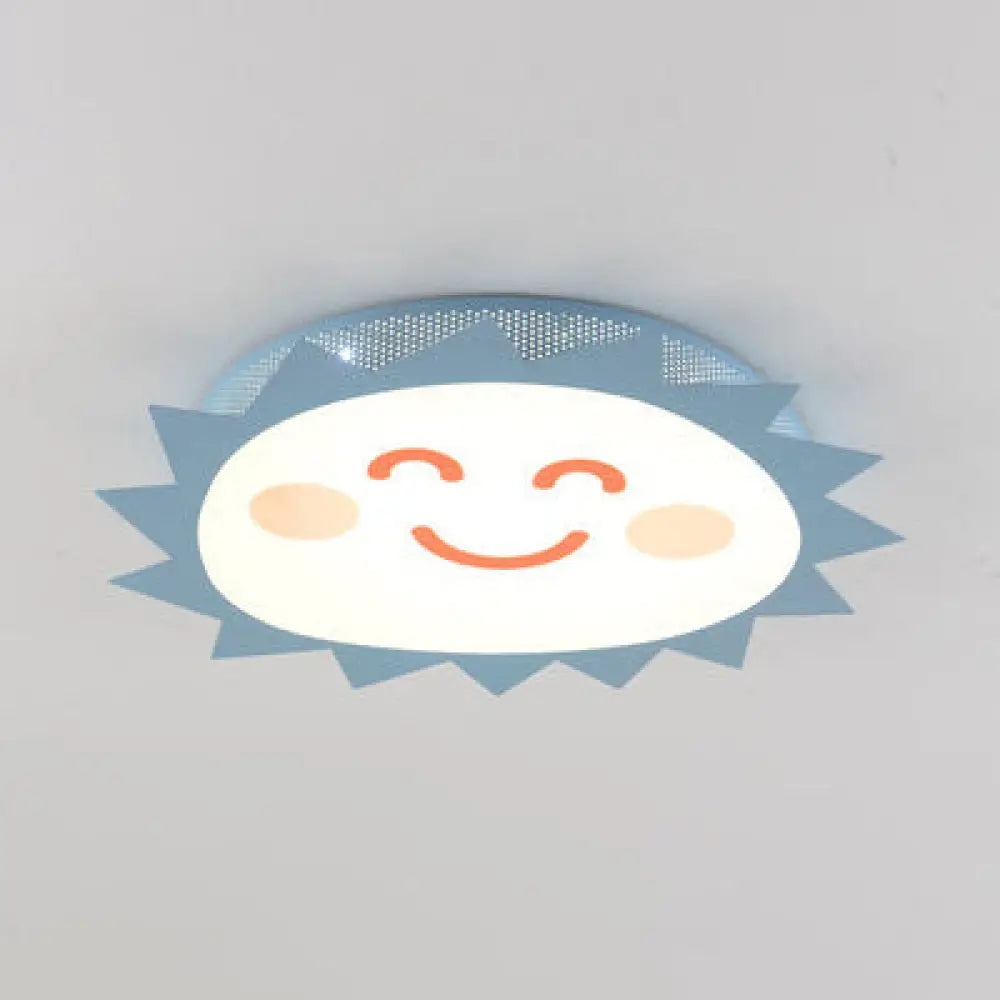 Happy Cartoon Sun Flush Mount Light: Fun & Gentle Led Ceiling Light For Kindergarten Blue / White