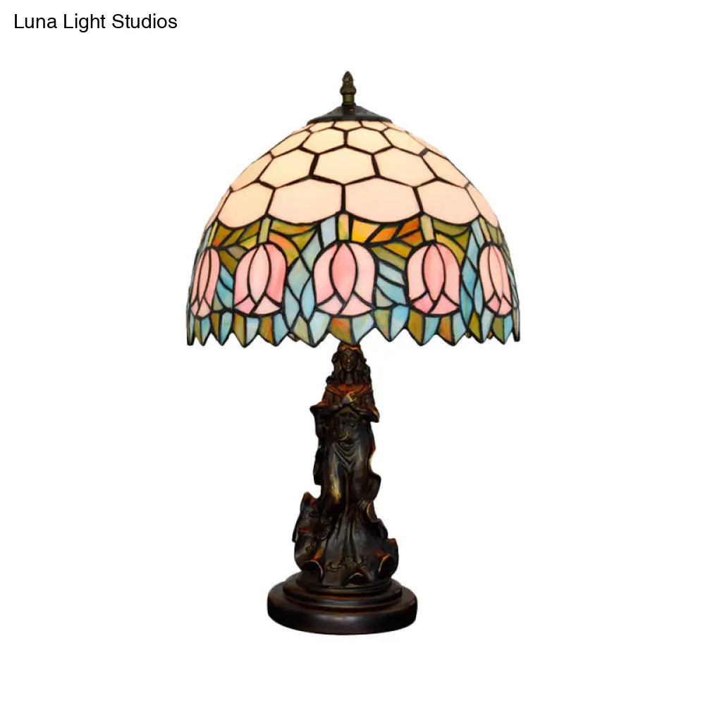 Honeycomb Shade Tiffany Bronze Stained Glass Nightstand Lamp With Rose Edge And Angel Base
