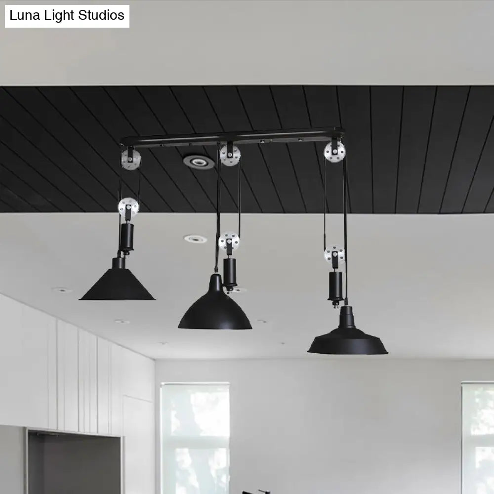 Industrial 3-Light Pendant With Adjustable Shades And Pulley Design In Black