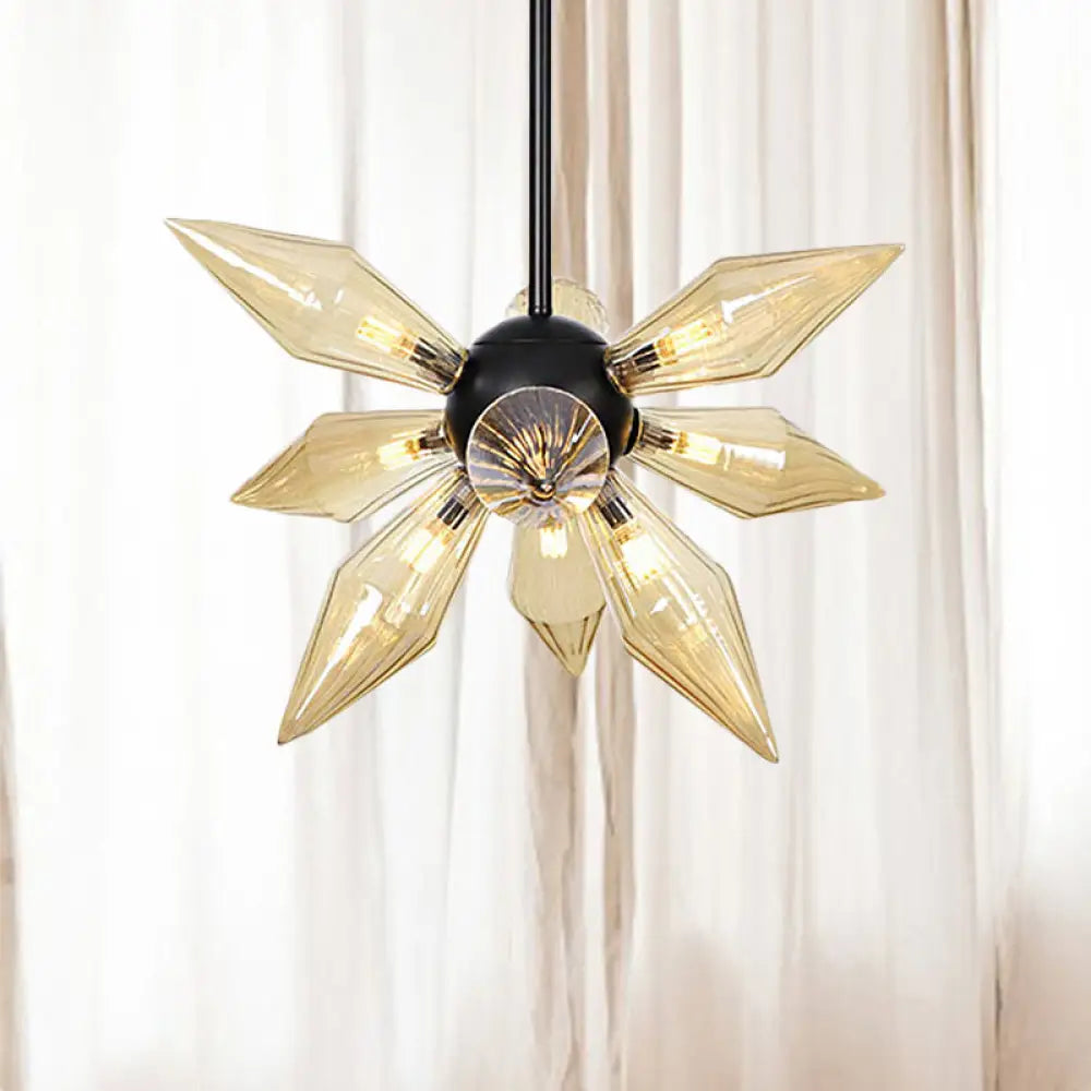 Industrial Amber/Clear Ribbed Glass Pendant Lighting With Starburst Design - 9/12/15 Heads Bedroom