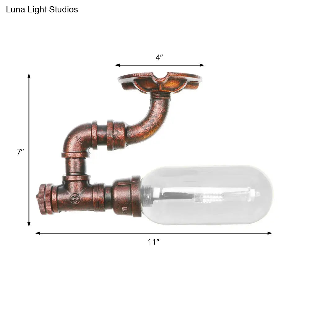 Industrial Bathroom Semi Flush Ceiling Light Fixture With Clear Glass Oval Shade In Weathered