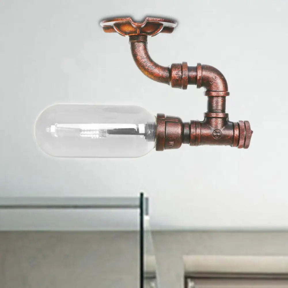 Industrial Bathroom Semi Flush Ceiling Light Fixture With Clear Glass Oval Shade In Weathered