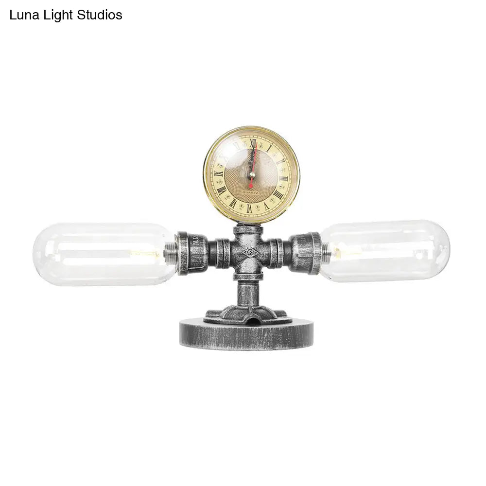 Industrial Clear/Amber Glass 2-Light Sconce Lamp With Base - Tube Shade Living Room Task Lighting In