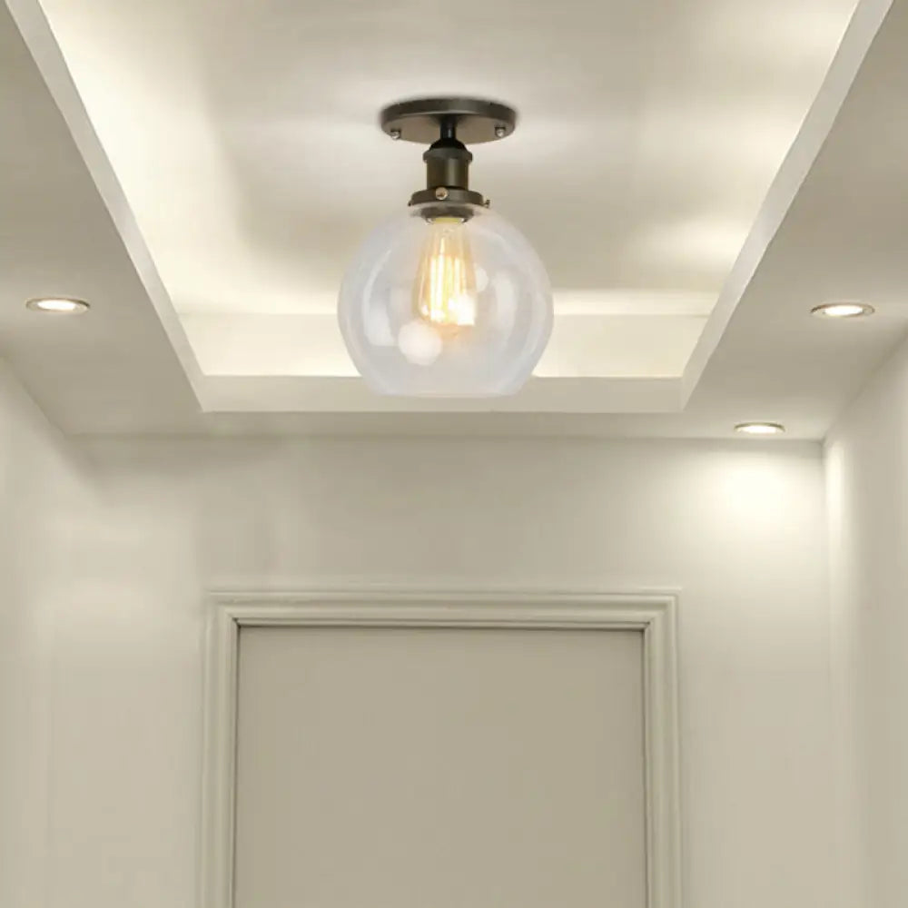 Industrial Clear Glass Spherical Balcony Ceiling Light Fixture – Black/Brass/Copper Black