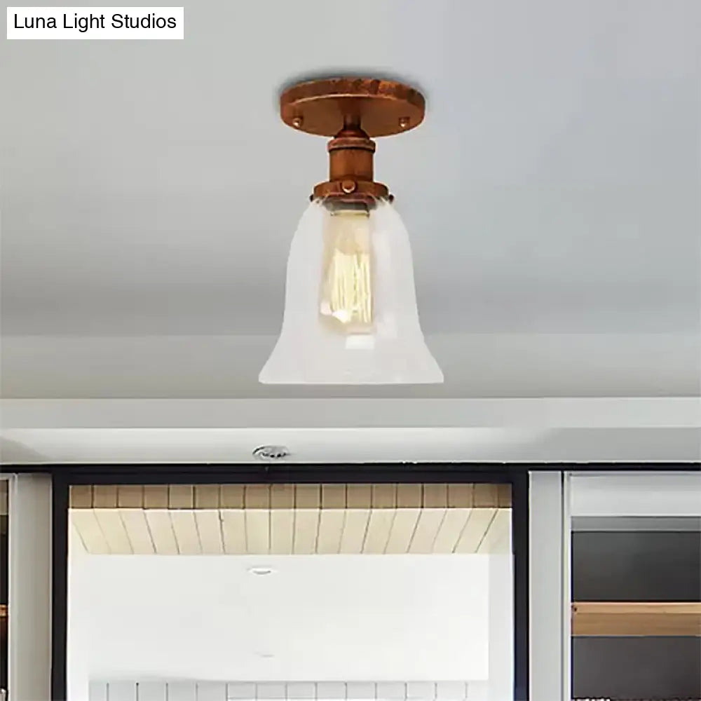 Industrial Flared Glass Semi Flush Mount Light With Clear Bulb In Black/Bronze/Copper