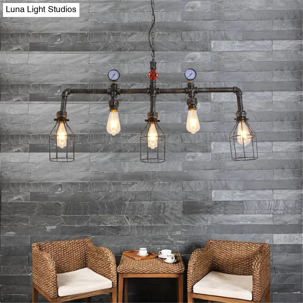 Industrial Metal Island Lighting With 5 Lights Suspension Light In Black: Pipe And Gauge Design Cage