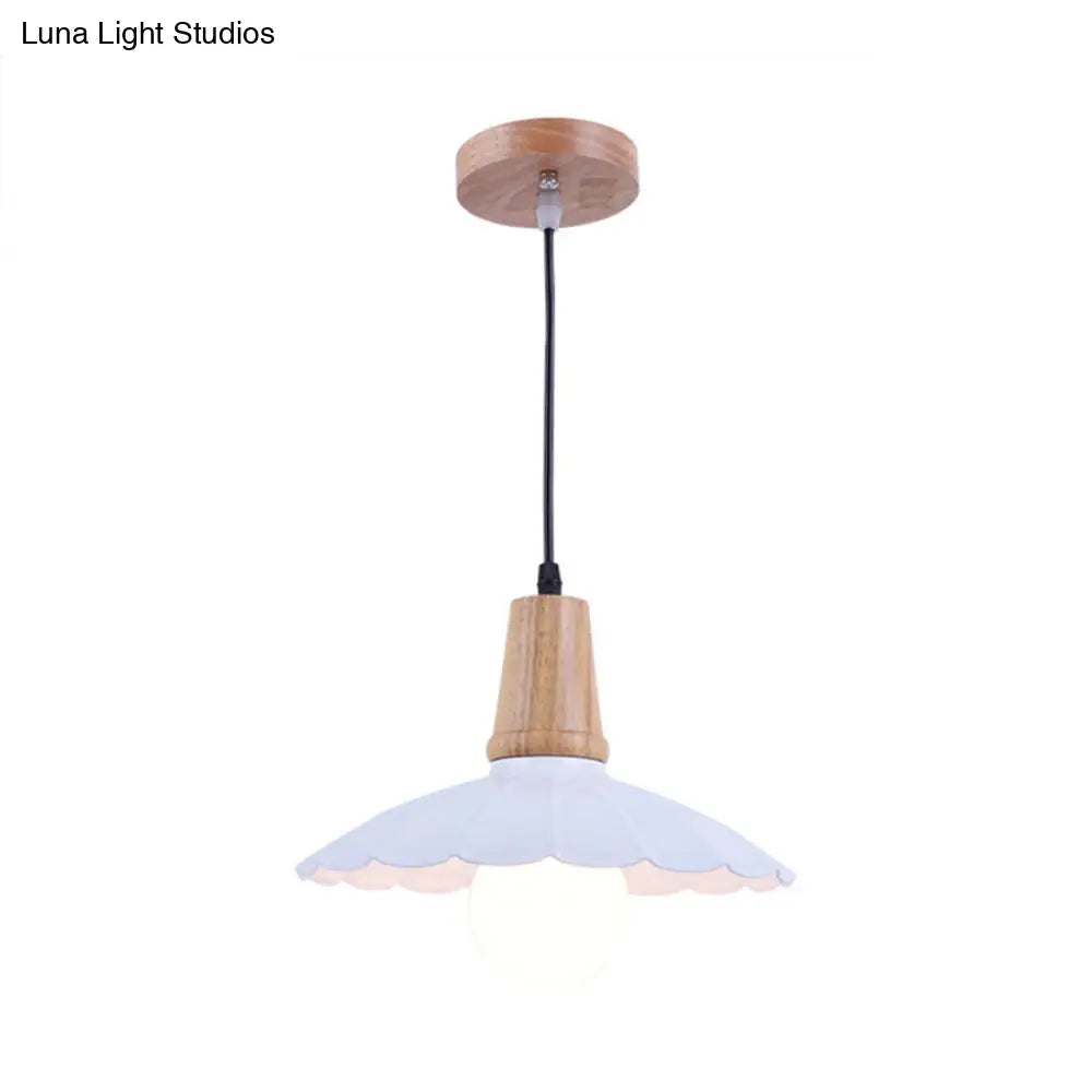 Industrial Scalloped Metal Hanging Pendant Light With Wooden Cap - White/Black