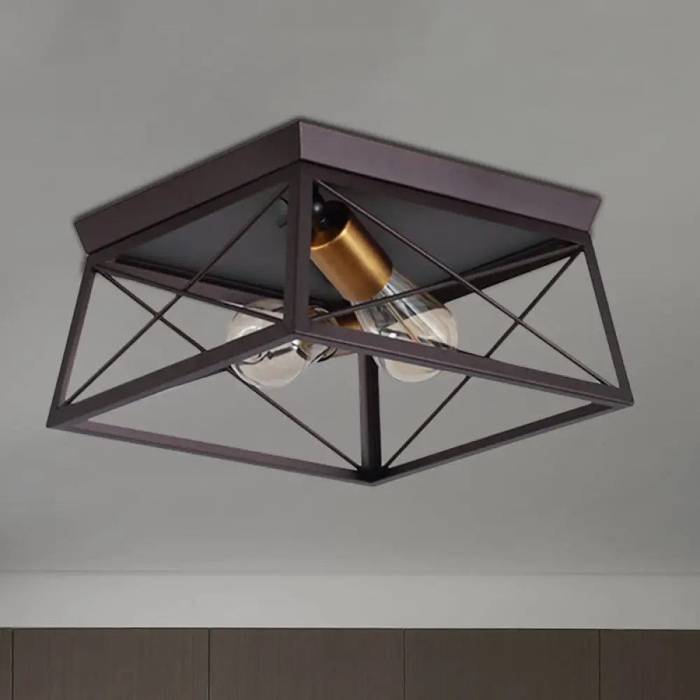 Industrial Style Metal Flush Ceiling Light Fixture - 10’/12’ Wide 2 Bulbs Coffee Tone Ideal For