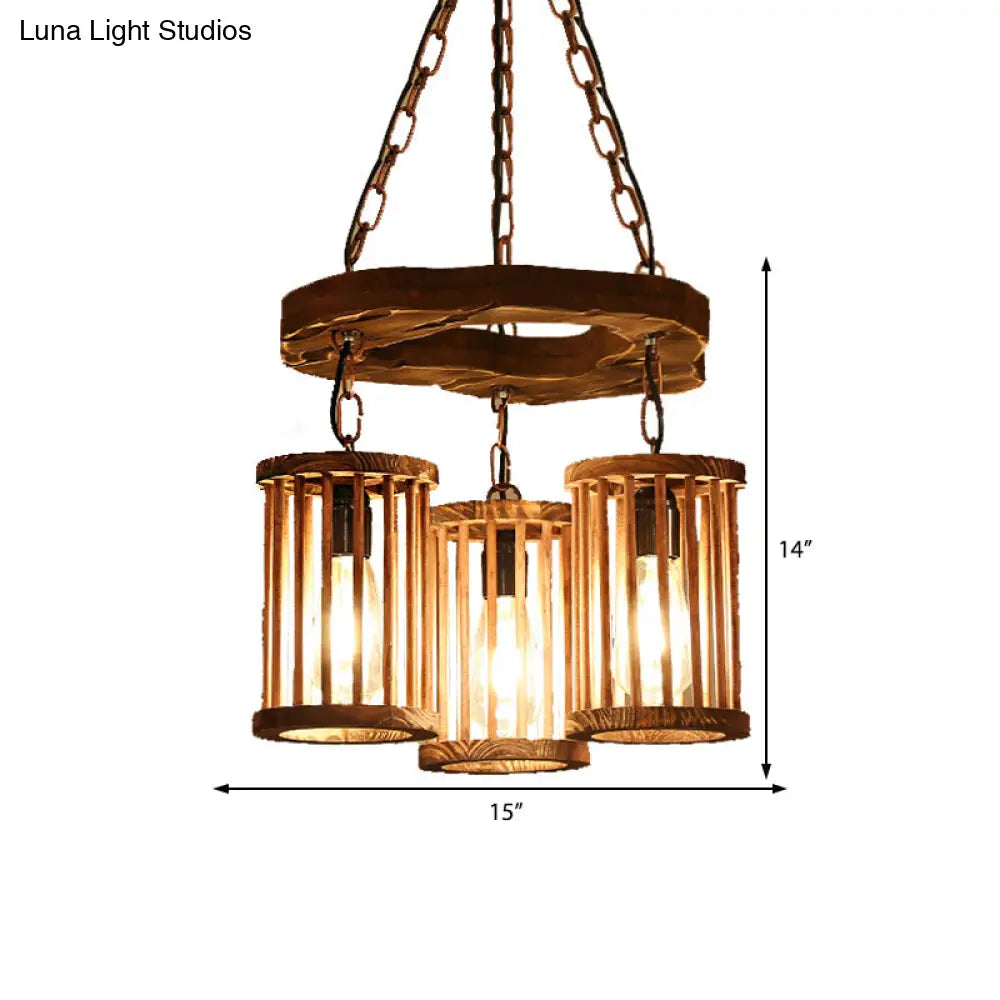 Industrial Wood And Black Cylinder Chandelier With 3 Lights Chain For Dining Room