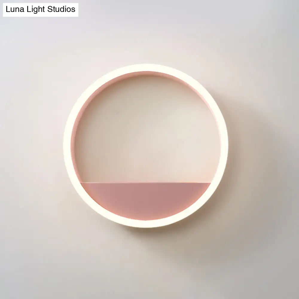 Iron Hoop Flush Mount Wall Light: Macaron Pink/Blue 12/16 Wide Led Sconce With Storage Rack