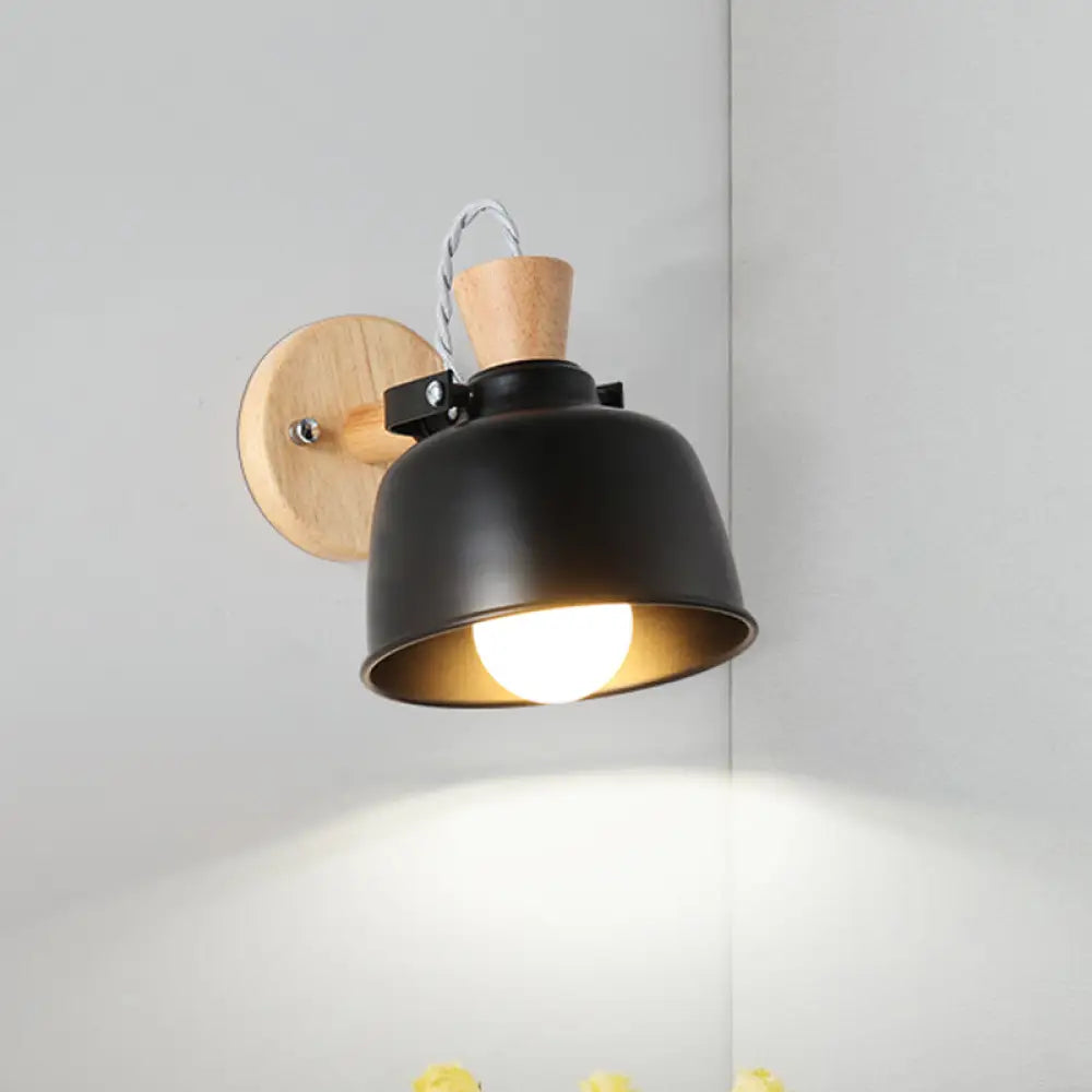 Iron Macaron Handle Wall Sconce Lamp - Bowl Bedside Light Fixture In Grey/Black With Wood Top Black