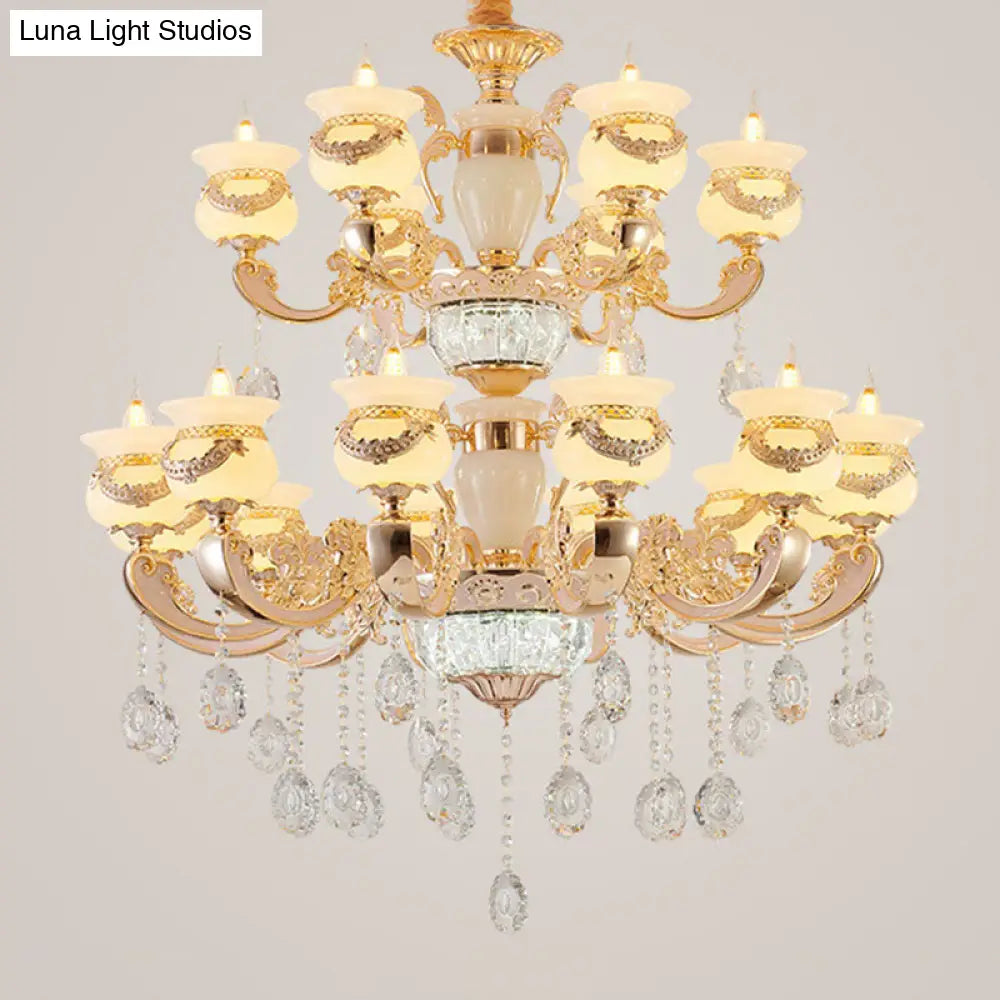 Jade Gold Candle Chandelier With Crystal Accent - Elegant Lighting For Country Living Rooms