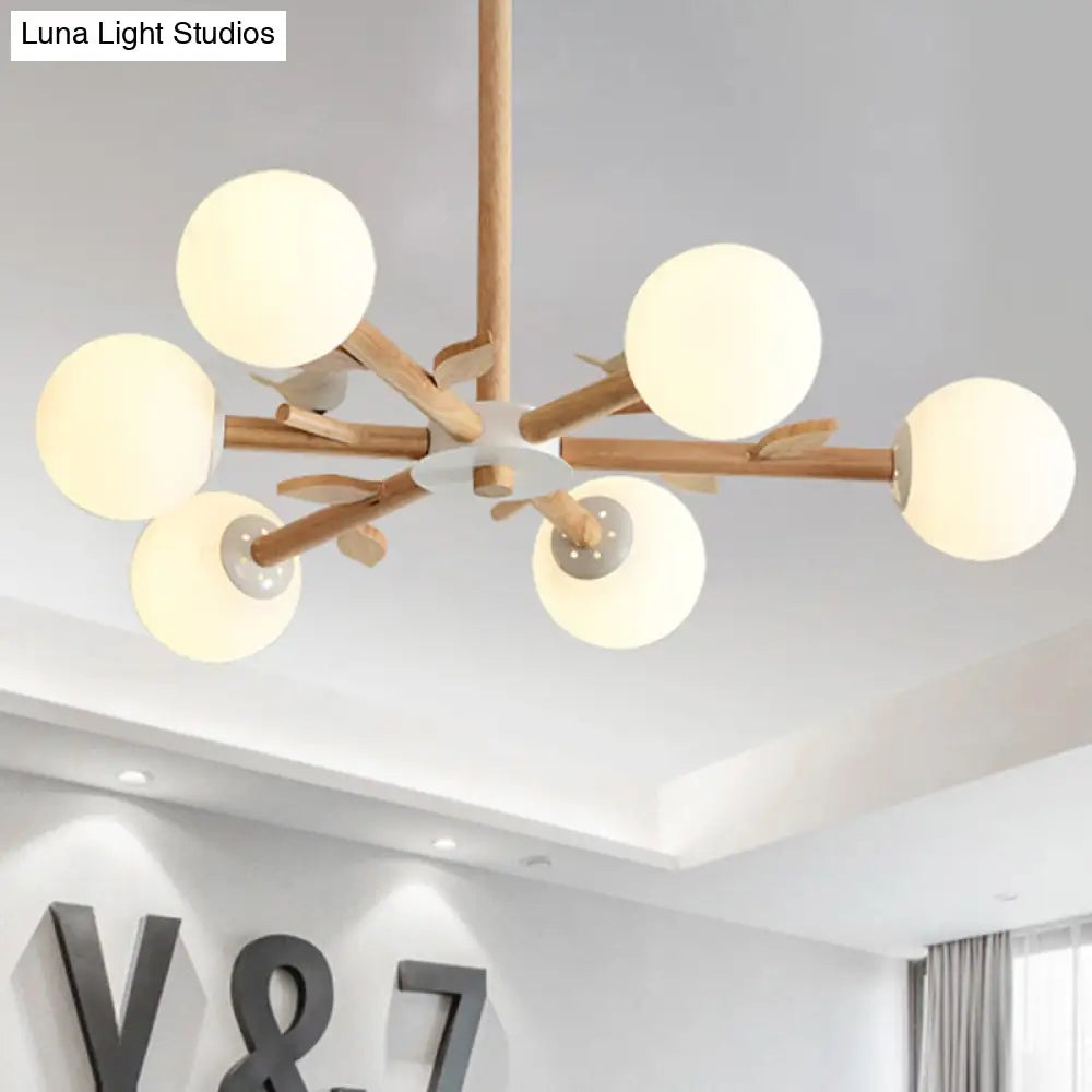 Japanese-Inspired Bedroom Chandelier With Orb Shade Birds Wood And Glass In White