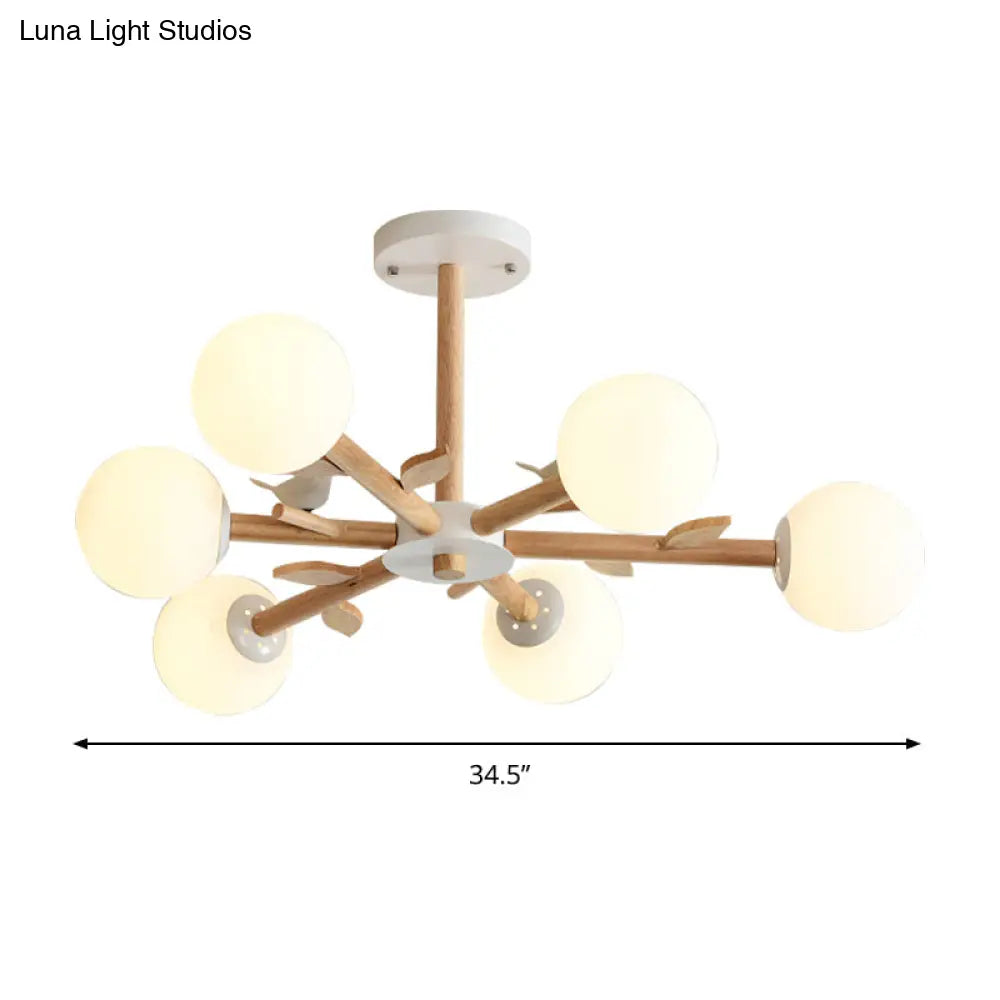 Japanese-Inspired Bedroom Chandelier With Orb Shade Birds Wood And Glass In White