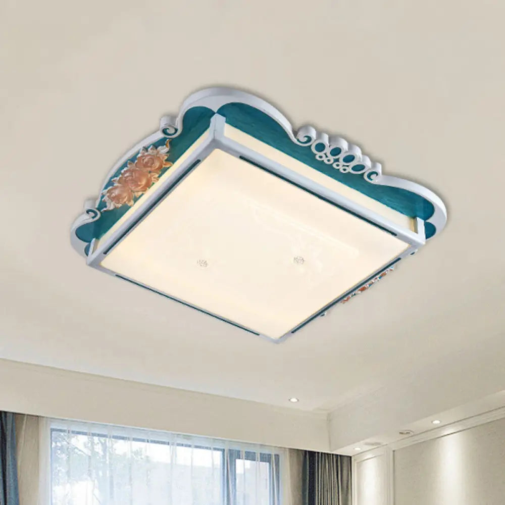 Led Acrylic Square Design Traditional Style Flush Mount Bedroom Ceiling Light With Carved Flower -