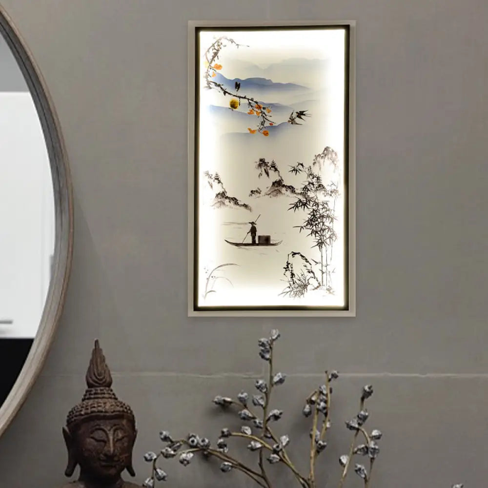 Led Asian Black Wall Mounted Lamp: Fabric Boat Ride Mural Lighting For Living Room