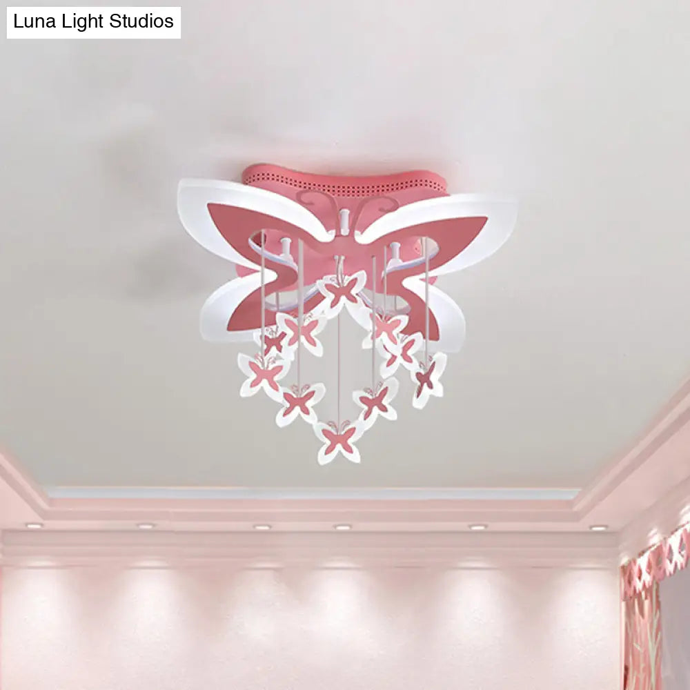 Led Bedroom Flush Light: Pink Ceiling Mounted Fixture With Butterfly Acrylic Shade In Warm/White