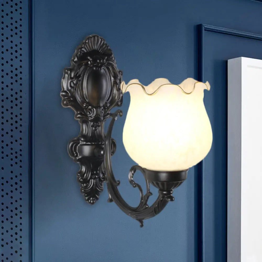 Loft Style Bud Wall Mount Lamp - Opaline Glass Lighting Fixture (Single Bulb) Black/White/Brass