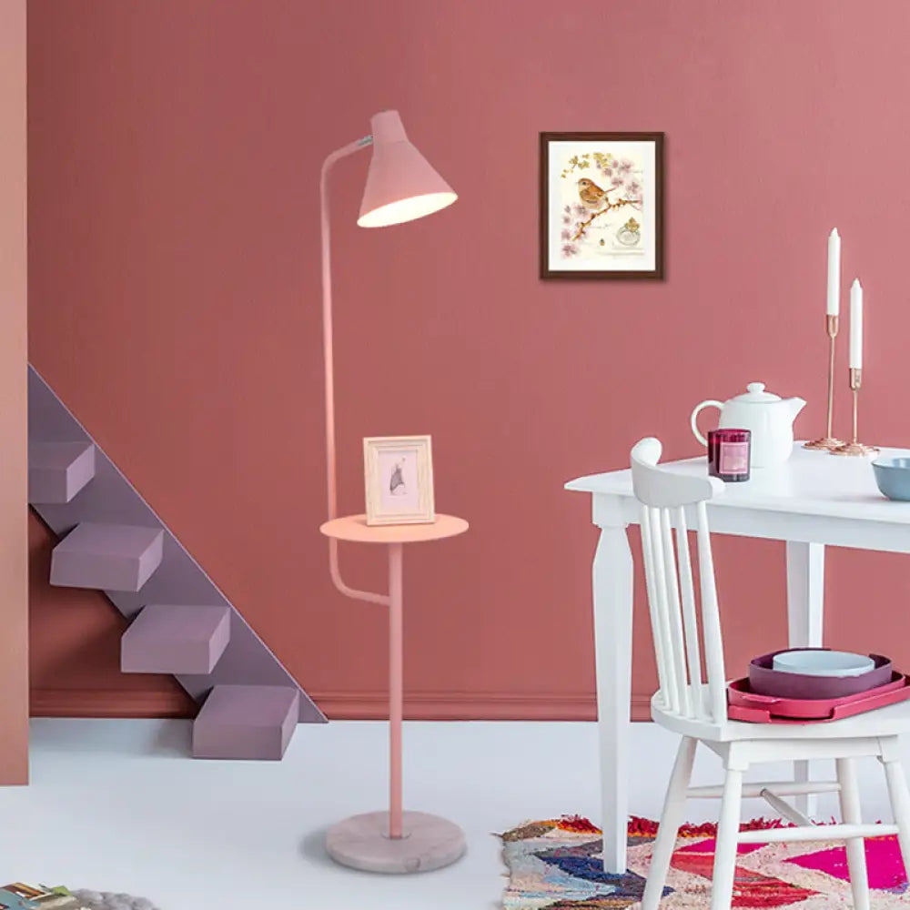 Macaron 1-Bulb Rotatable Floor Lamp With Metal Shade - Funnel Shaped Standing Light Fixture Pink