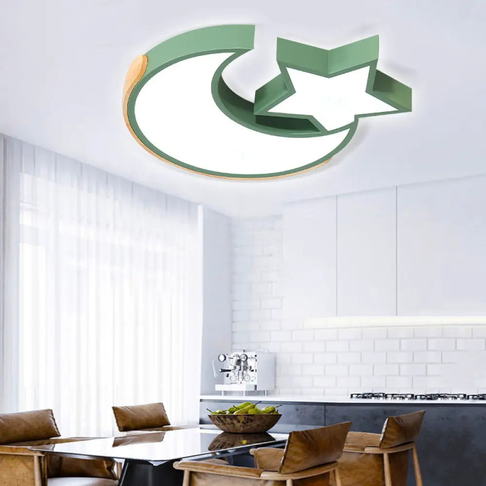 Macaron Star Moon Led Ceiling Mount Light In Nordic Style Grey/Blue/Green - Ideal For Bedrooms Green
