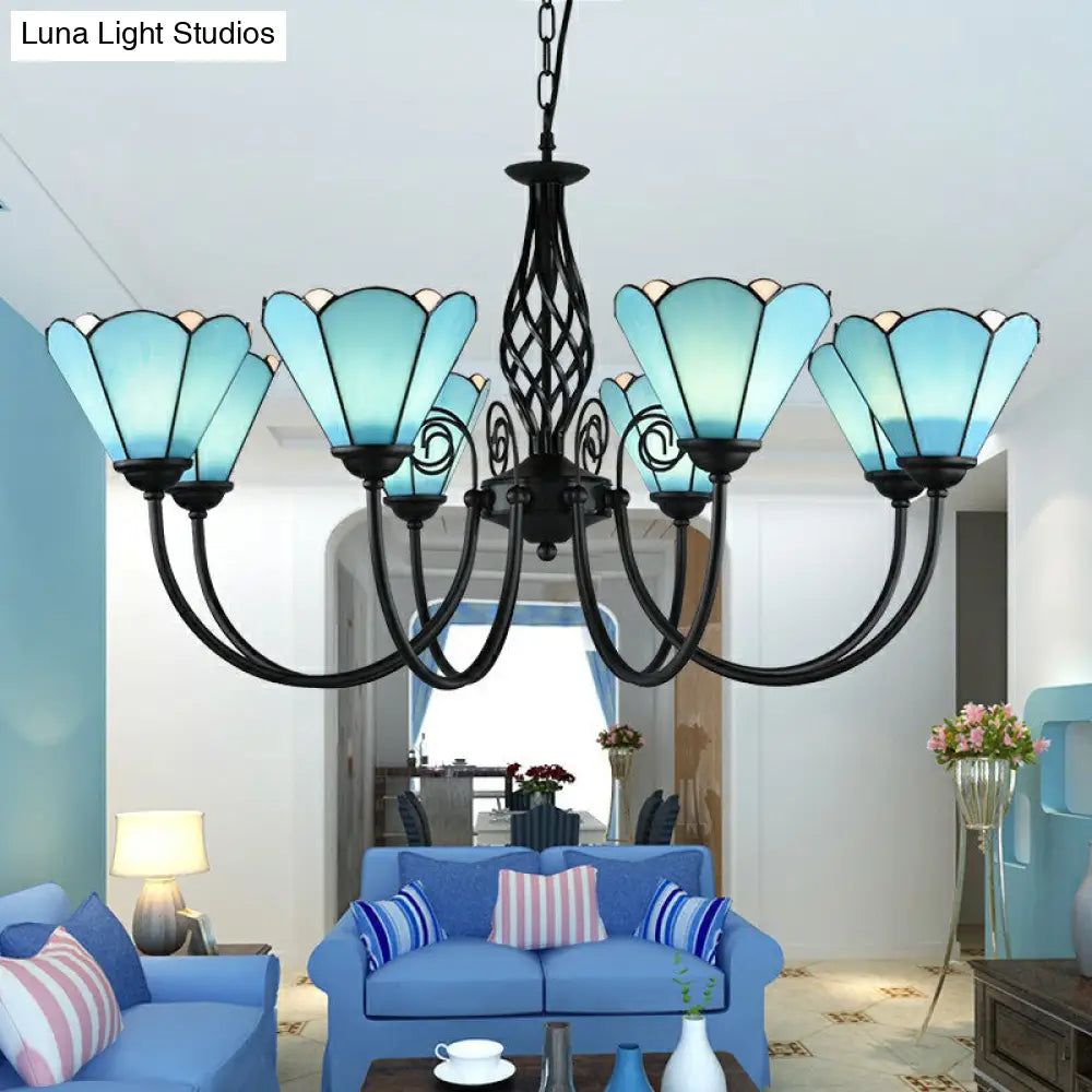 Mediterranean Blue Glass Floral Chandelier Light - Elegant Ceiling Lamp For Living Room