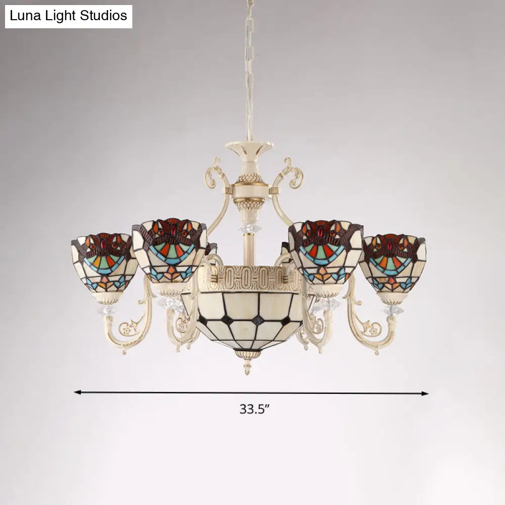 Mediterranean Cream 6-Light Ceiling Chandelier With Stained Glass Shade For Living Room