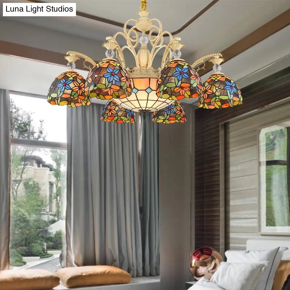 Mediterranean Floral Chandelier Lighting - 6/9/11 Lights Stained Glass Pendant Light Kit (Orange)