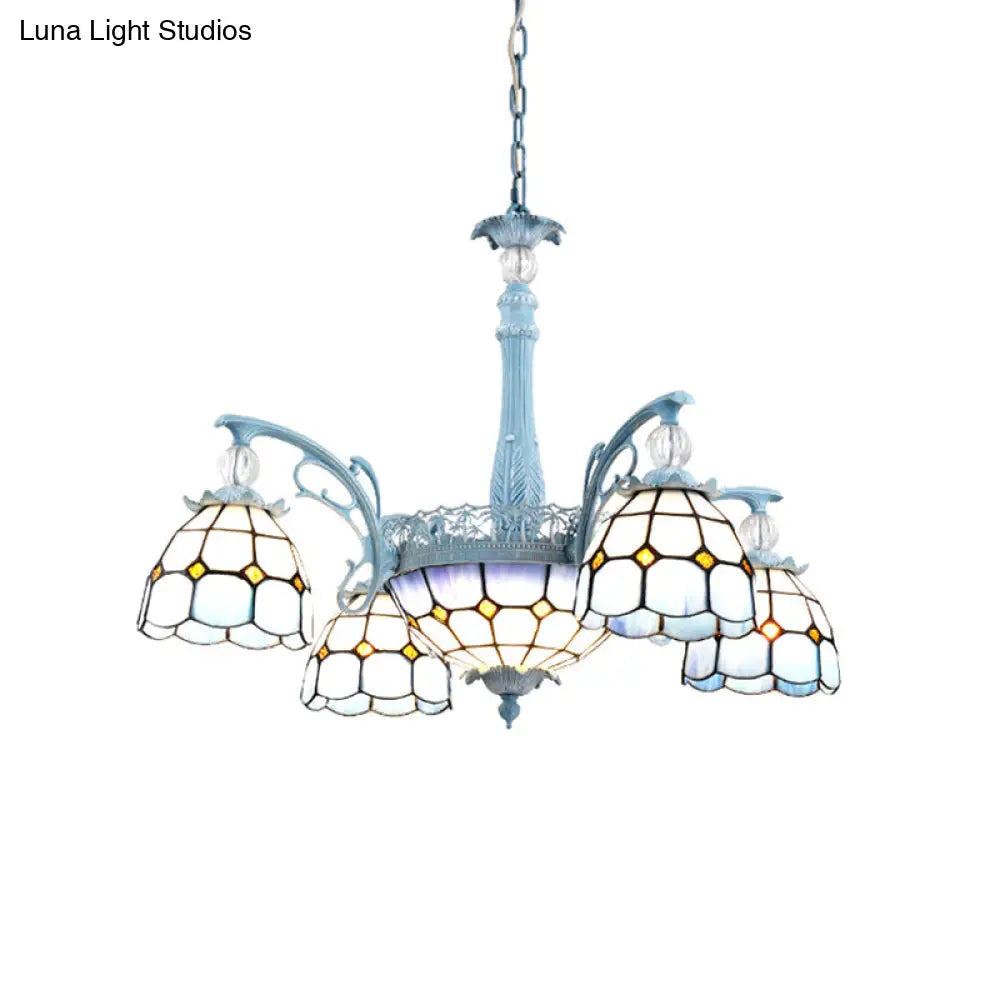 Mediterranean Stained Glass Bell Chandelier - Blue Hanging Lamp With 4/6/8 Lights For Dining Room