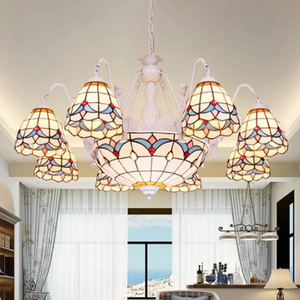 Mediterranean Stained Glass Dome Chandelier With 8/9/11 Lights - White Ceiling Pendant Light 11 /