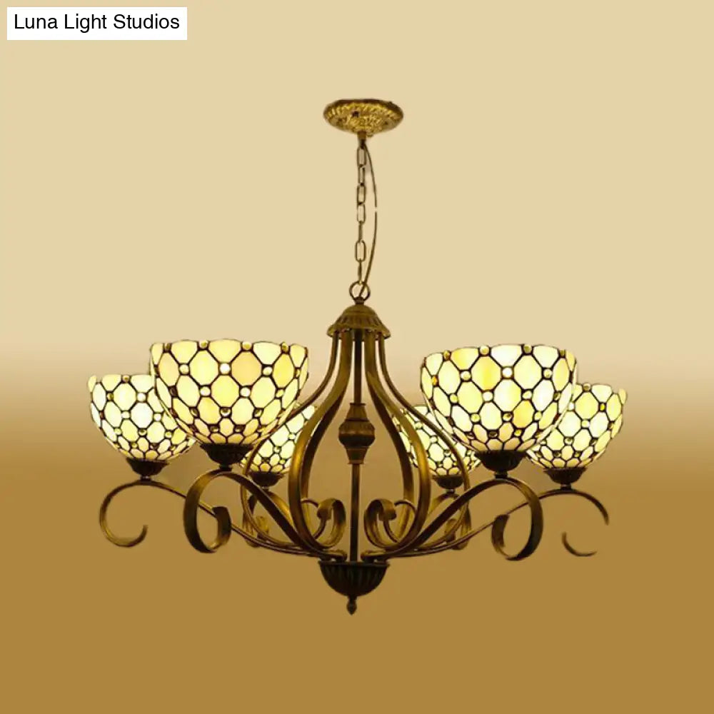 Mediterranean Stained Glass Pendant Chandelier With Jeweled Beige Finish - Available In 3 Sizes And