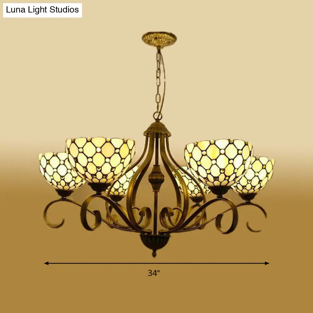 Mediterranean Stained Glass Pendant Chandelier With Jeweled Beige Finish - Available In 3 Sizes And