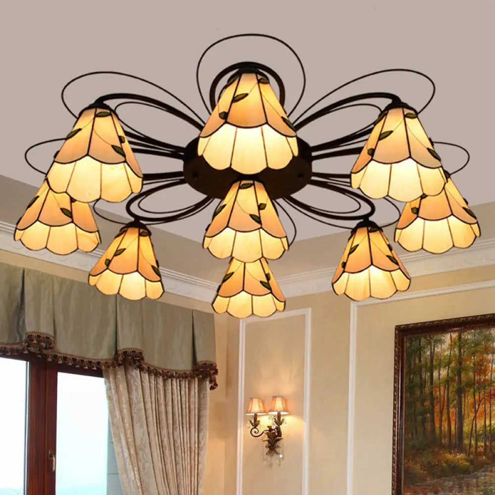 Mediterranean Stained Glass Semi - Flush Mount Light Fixture With Yellow/Blue Cone Design (3/7/9