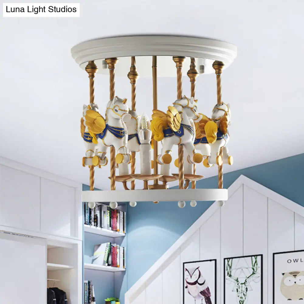 Metal Carousel Semi Flush Cartoon Mount Lighting Fixture For Children’s Room - 4-Bulb