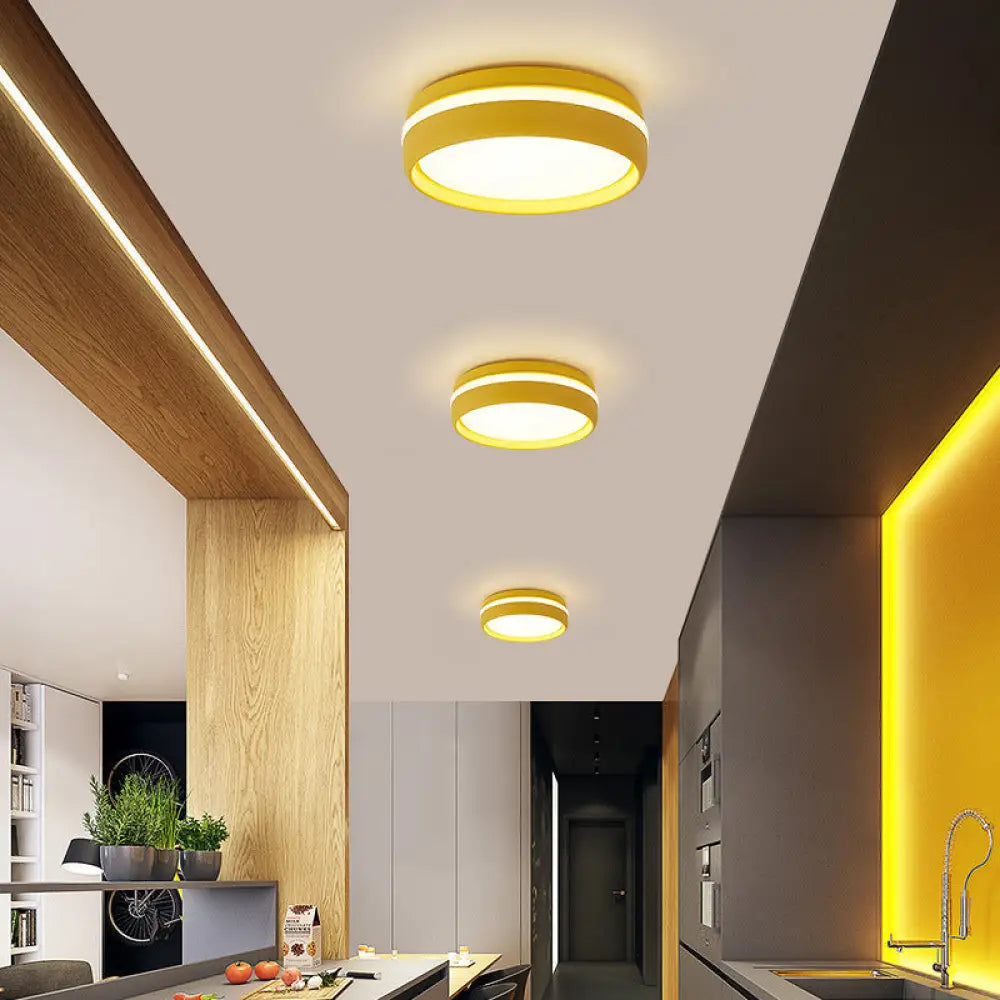 Metal Circular Flush Light Contemporary Led Ceiling Lamp In Pink/Yellow/Blue With Warm/White