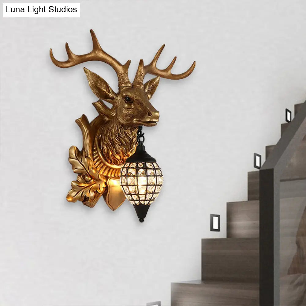 Metal Deer Wall Sconce With Crystal Mesh Cone Shade - Traditional Light