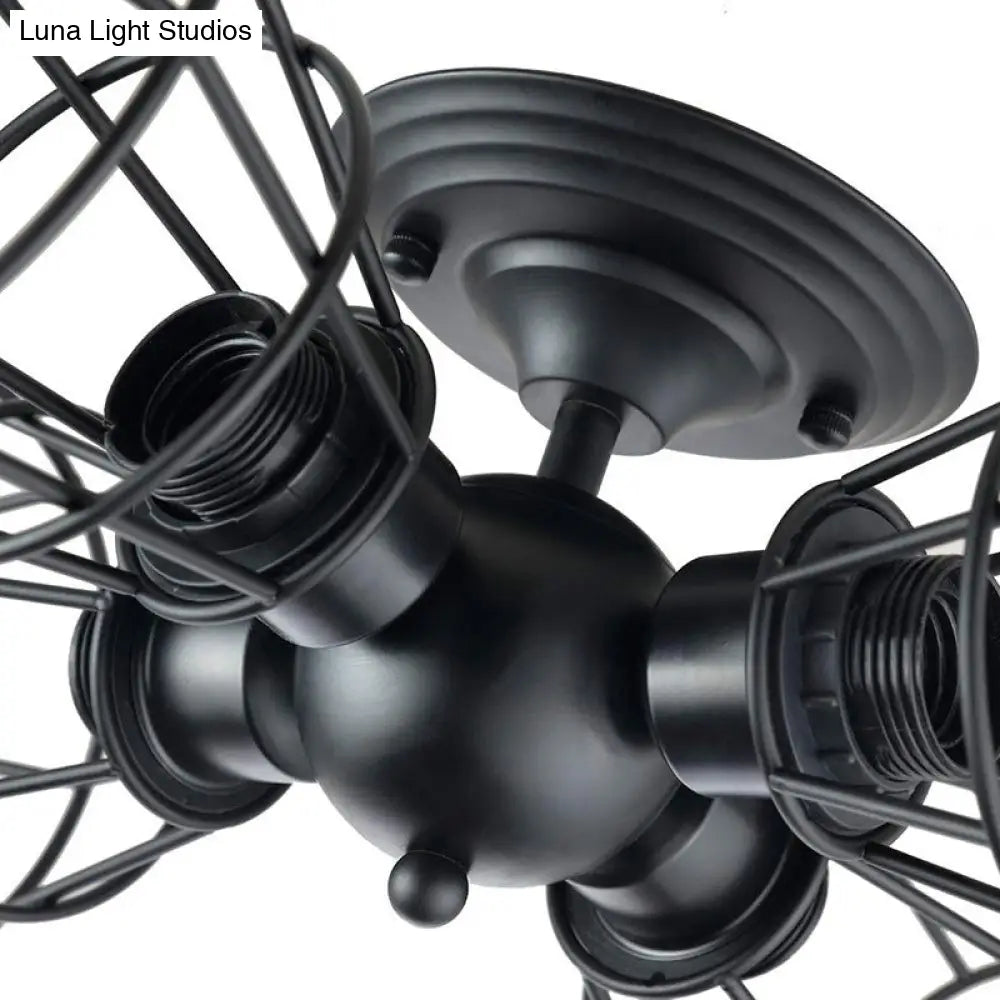 Metal Industrial Pendant Light With Cage Shade - Semi Flush Mount For Living Room (4 Heads Black)