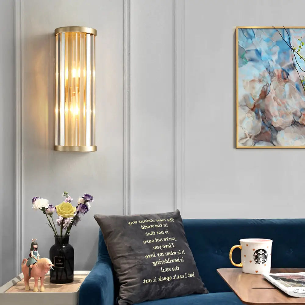 Metal Sconce Lighting: Modern Stylish 2-Light Cylinder Wall Fixture In Gold With Crystal Pipe