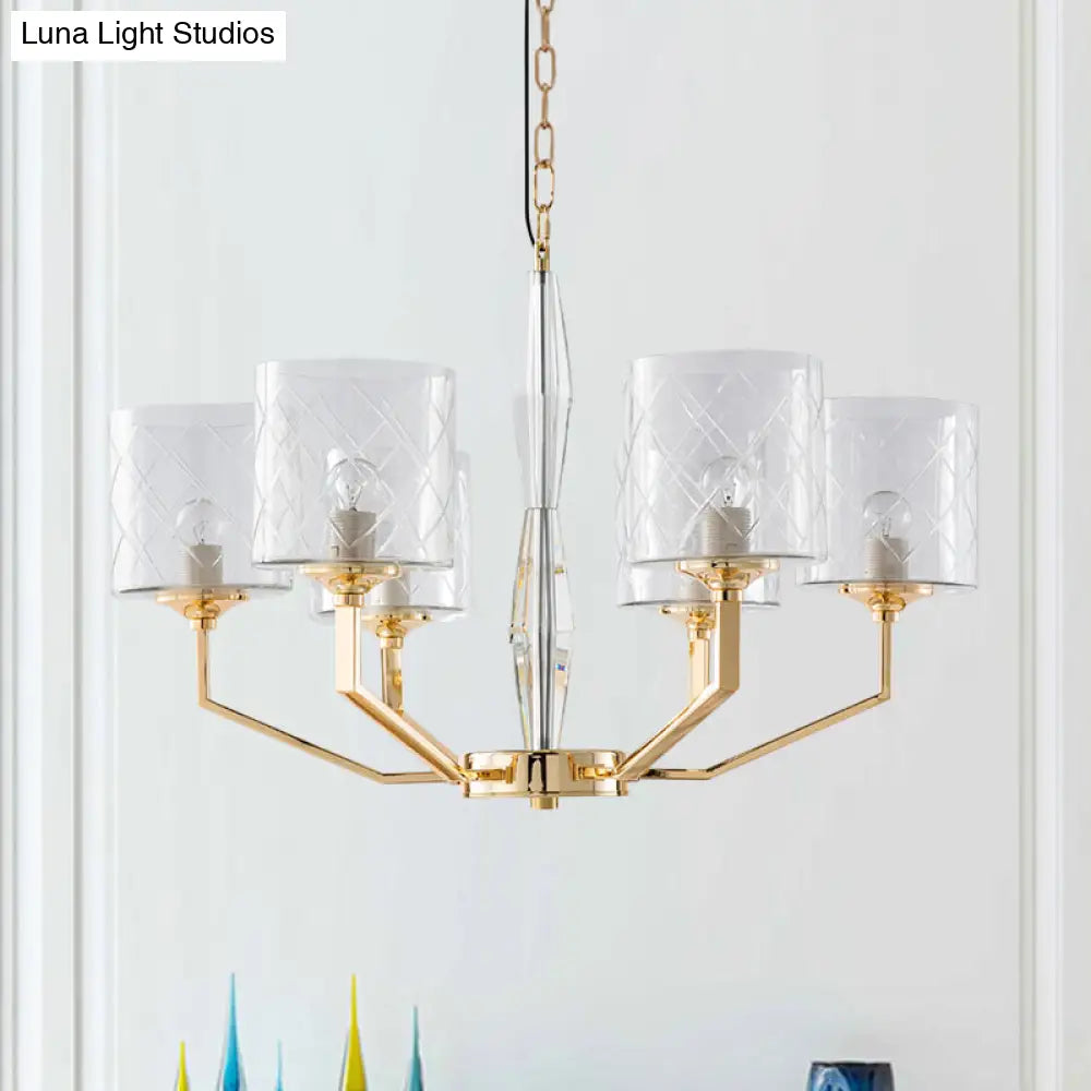 Mid Century Gold Lattice Glass Chandelier - 6 Lights Pillar Style - Bedroom Pendant Gold