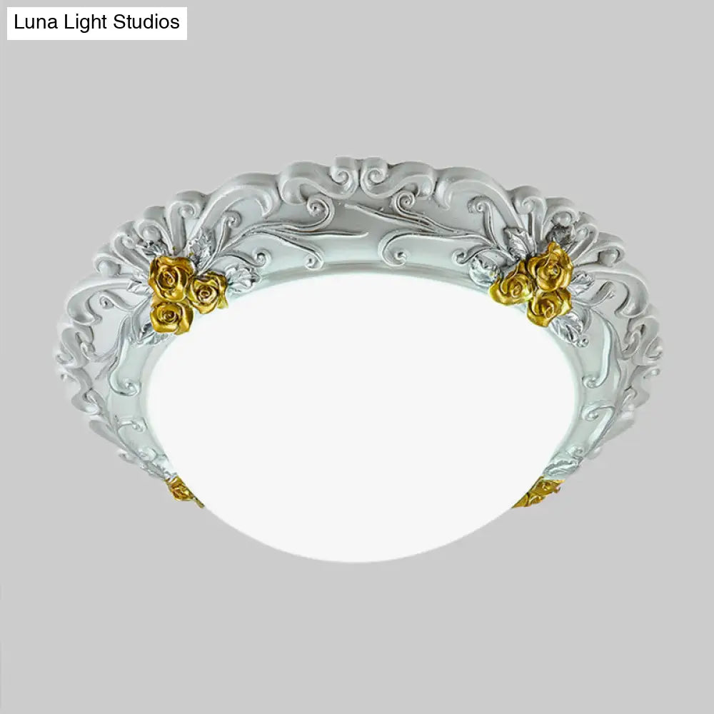 Milky Glass Led Ceiling Fixture - Traditional Semi - Orb Flush Mount Light With White And