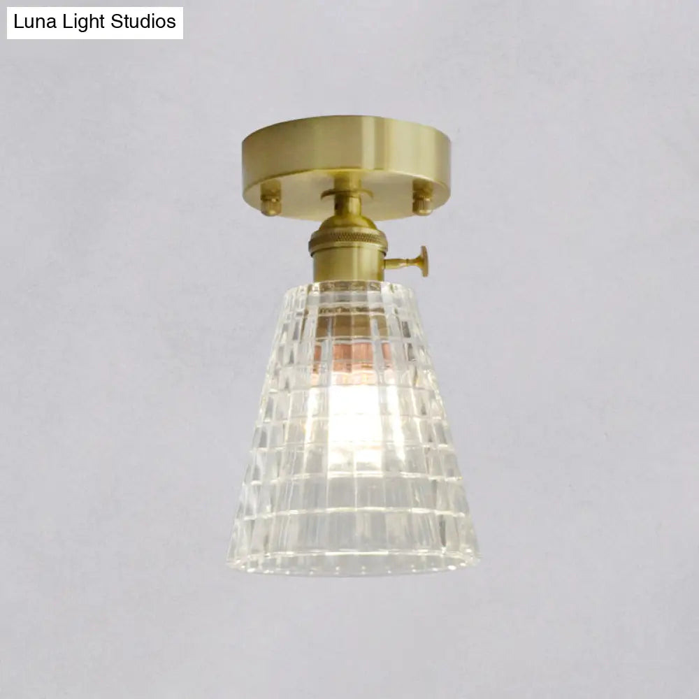 Minimalist Brass 1 - Head Ceiling Light With Carved Glass Shade For Corridors