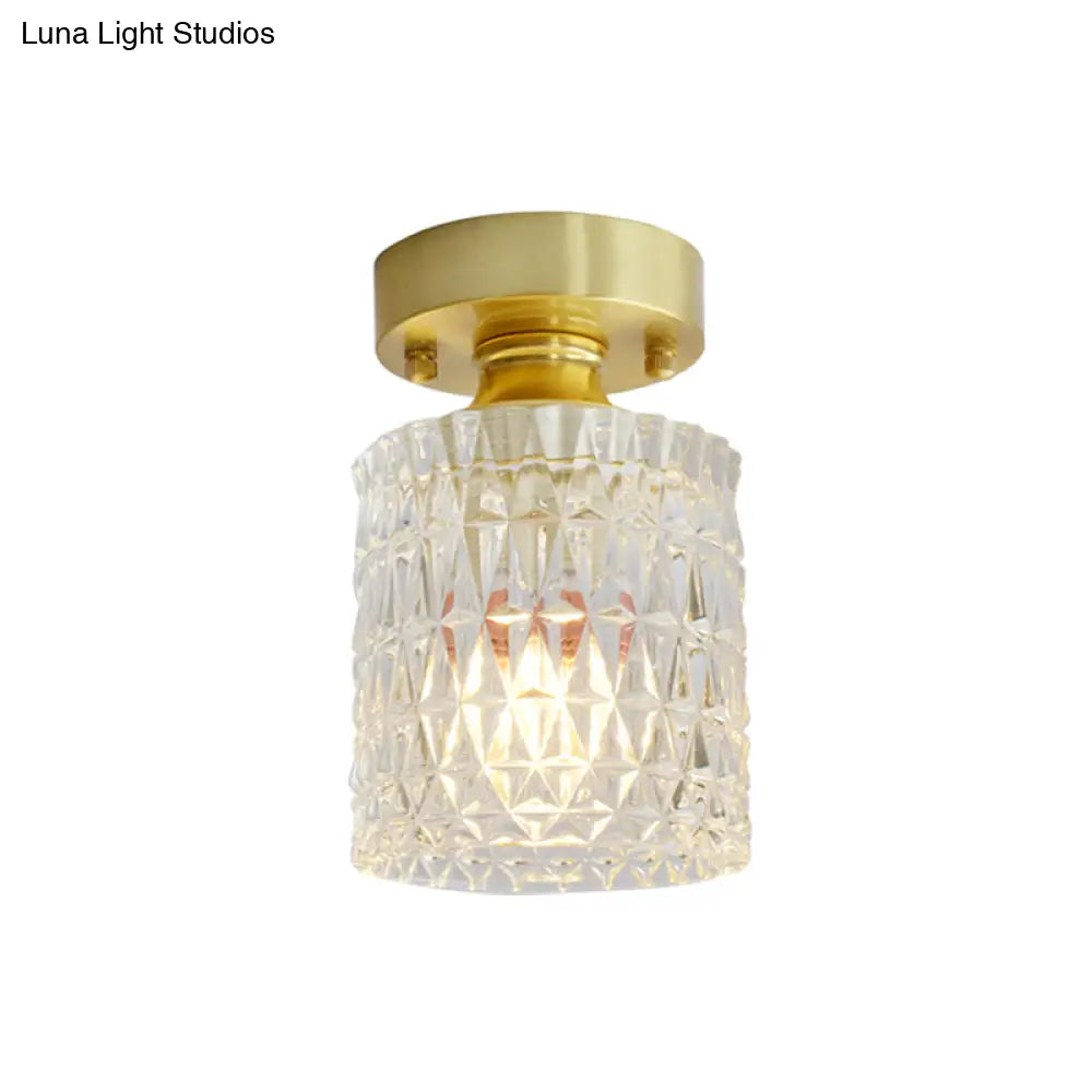 Minimalist Brass 1 - Head Ceiling Light With Carved Glass Shade For Corridors