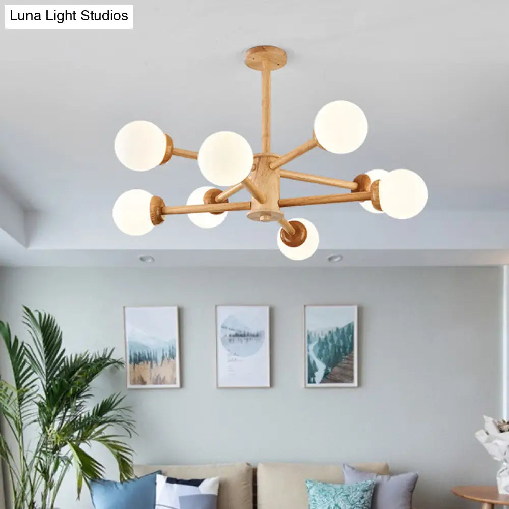 Sleek Minimalist Cream Glass Bedroom Chandelier Light With Wood-Embellished Modo Shaped
