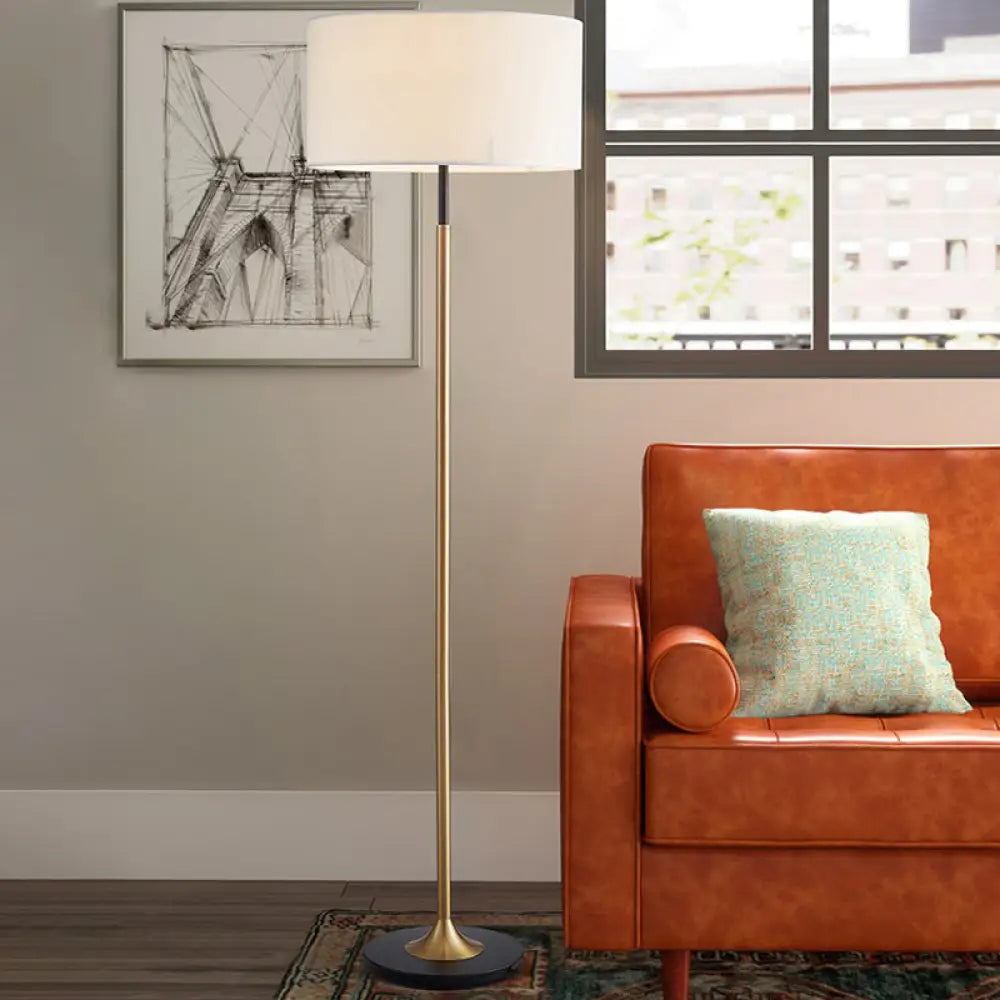 Minimalist Drum-Shaped Floor Lamp - Single Bulb Fabric Shade White