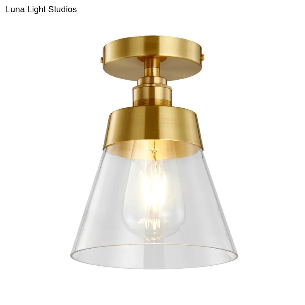Minimalist Gold Semi Flush Mount Light With Conical Shade And Clear Glass Ceiling Fixture