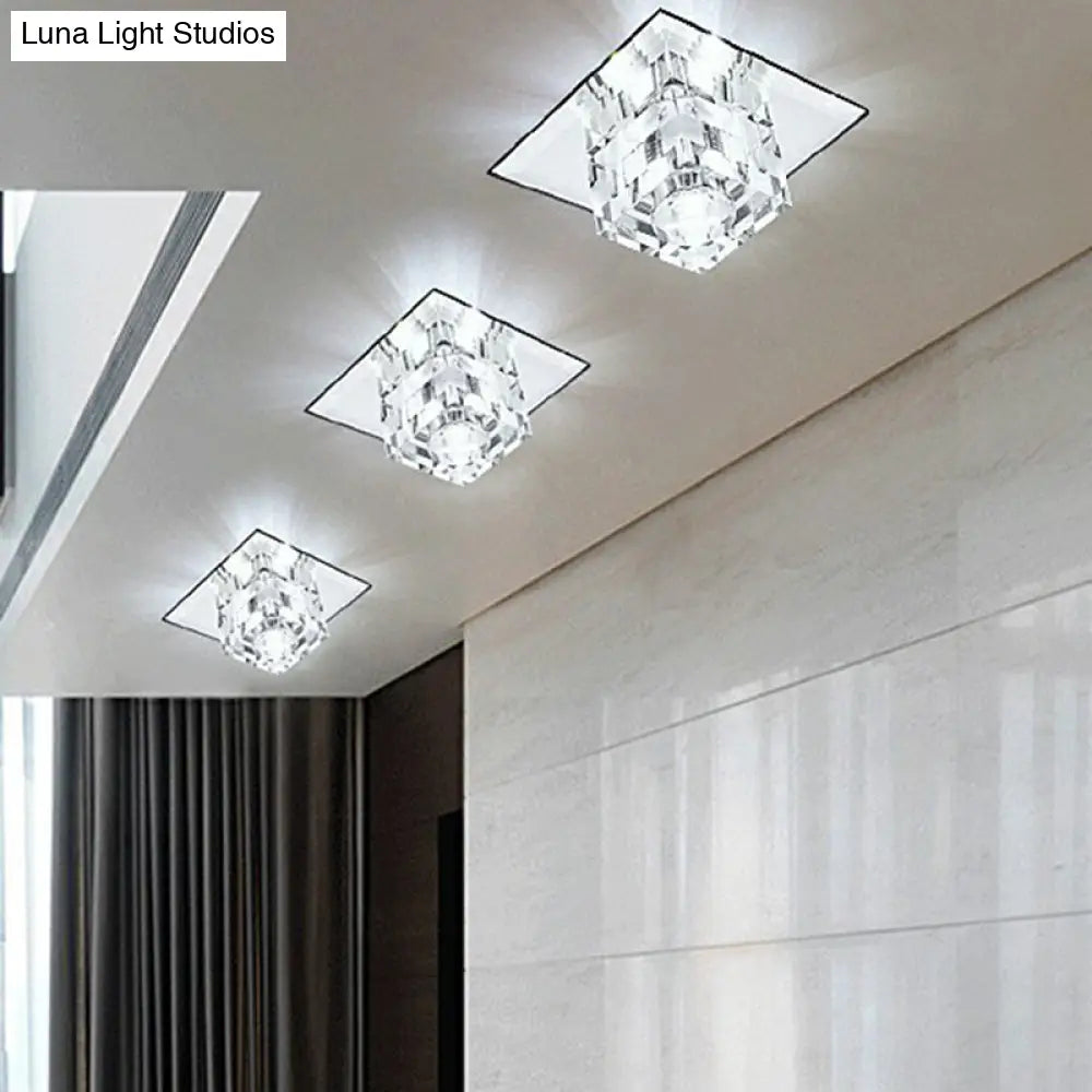 Minimalist Led Ceiling Lamp With Clear Crystal Cube Flush Mount & Checkered Pattern For Living Room